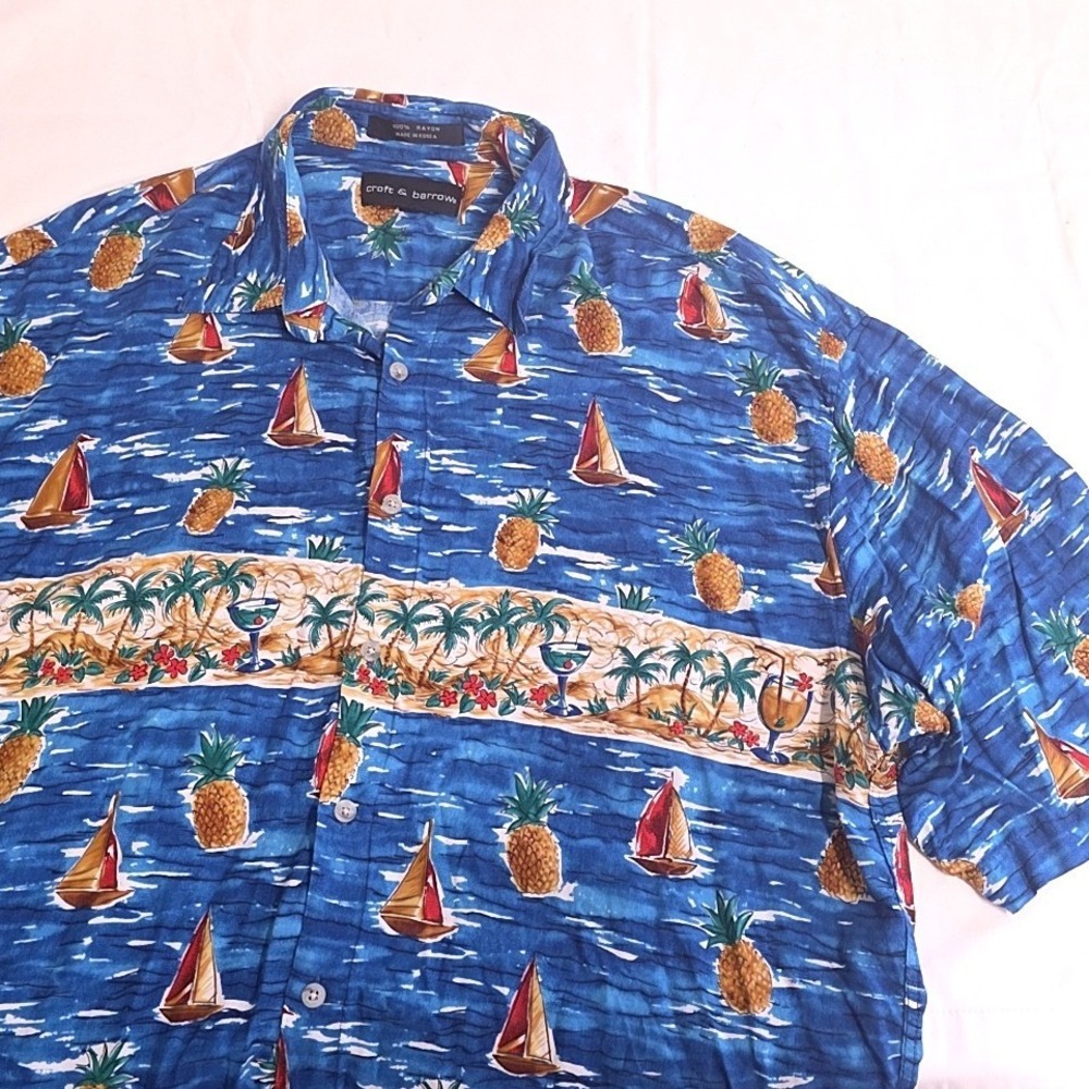 Croft & Barrow Button Down Shirt Mens XLT Blue Tropical Pineapple Sailboat Rayon
